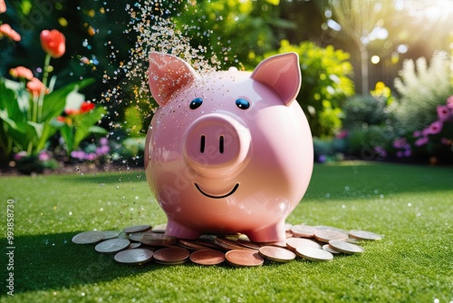 Buoyant Piggy Bank Collecting Sparkling Coins in a Lively Garden: A Vision of Price-Friendly Savings and Exclusive Promotions photo