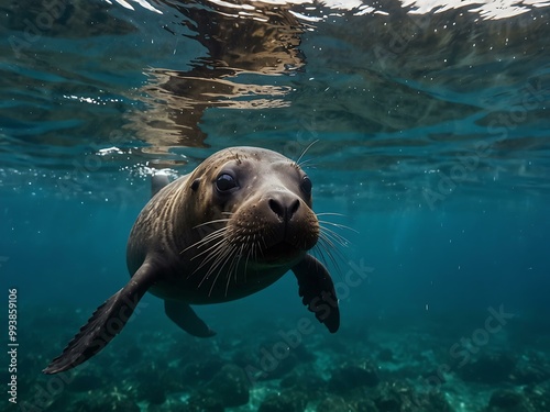 Galapagos fur seal swimming toward the camera in tropical waters. photo