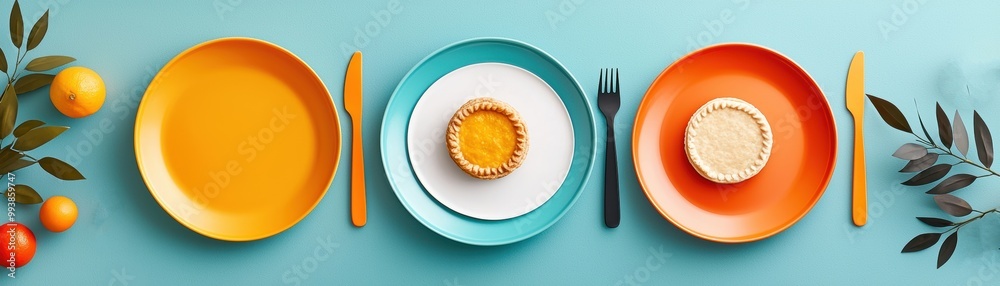 Brightly colored plates and cutlery arranged on turquoise background, featuring two small pies and fresh oranges, creating cheerful dining scene. Brightly colored plates and cutlery arranged on turquoise background, featuring two small pies and fresh oranges, creating cheerful dining scene.