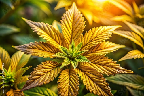 Beautiful Gold Leaf Weed Plant with Vibrant Green Background in Natural Sunlight, Close-Up View