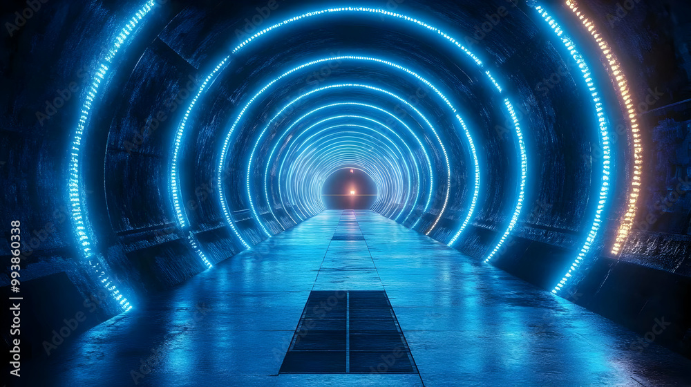 Abstract 3D Tunnel with Blue Neon Lights Abstract 3D Tunnel with Blue Neon Lights