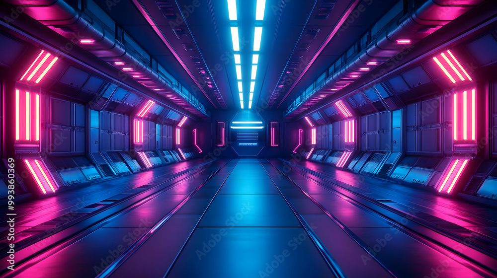 Futuristic Corridor with Pink and Blue Neon Lights 3D Illustration Futuristic Corridor with Pink and Blue Neon Lights 3D Illustration