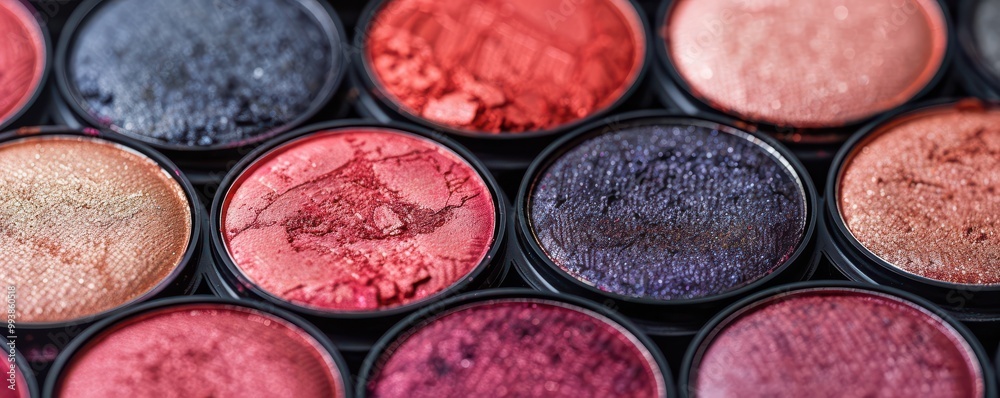 Close-up of luxurious makeup beauty compacts, showcasing shimmering shades and sleek packaging. Free copy space for text.