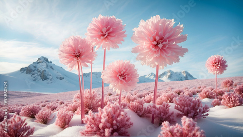 The pink towering crystal flowers in the winter season.