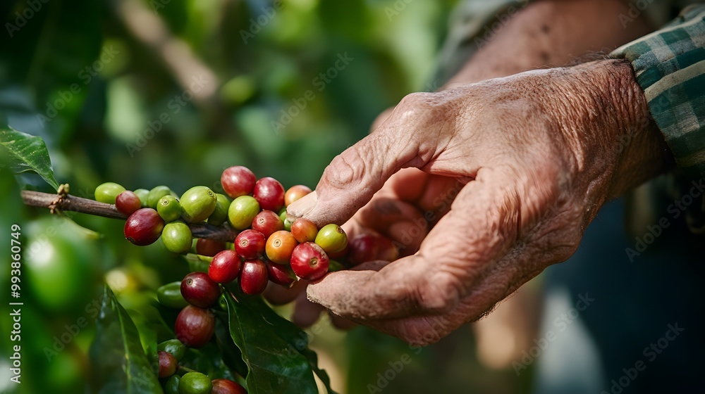 Hand Picking Fresh Coffee Cherries on Tree Branch in Lush Green Farm Hand Picking Fresh Coffee Cherries on Tree Branch in Lush Green Farm