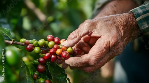 Hand Picking Fresh Coffee Cherries on Tree Branch in Lush Green Farm