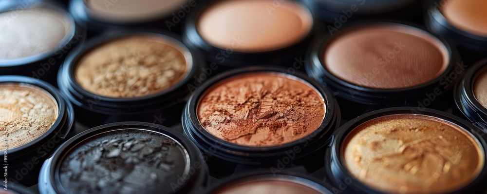 Close-up of luxurious makeup beauty compacts, showcasing shimmering shades and sleek packaging. Free copy space for text. Close-up of luxurious makeup beauty compacts, showcasing shimmering shades and sleek packaging. Free copy space for text.