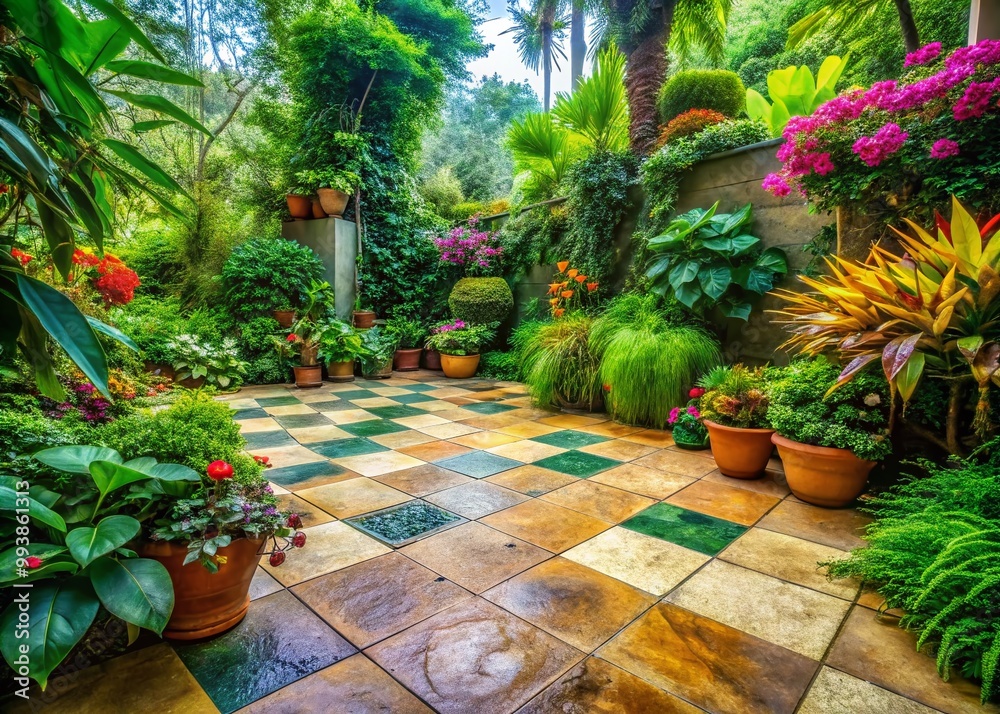 Fototapeta premium Beautifully Designed Garden Floor with Natural Stone Tiles and Lush Greenery Surrounding It