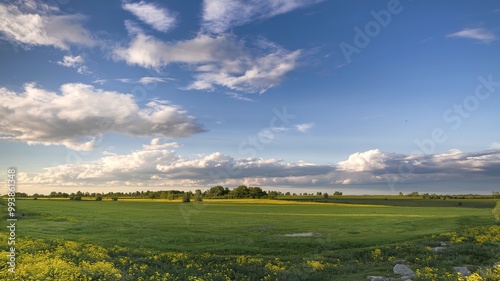White clouds and green field horizont