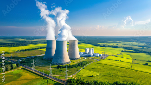 Aerial view of a modern nuclear power plant with cooling towers releasing steam, surrounded by green fields under a clear blue sky, representing clean energy and environmental sustainability.