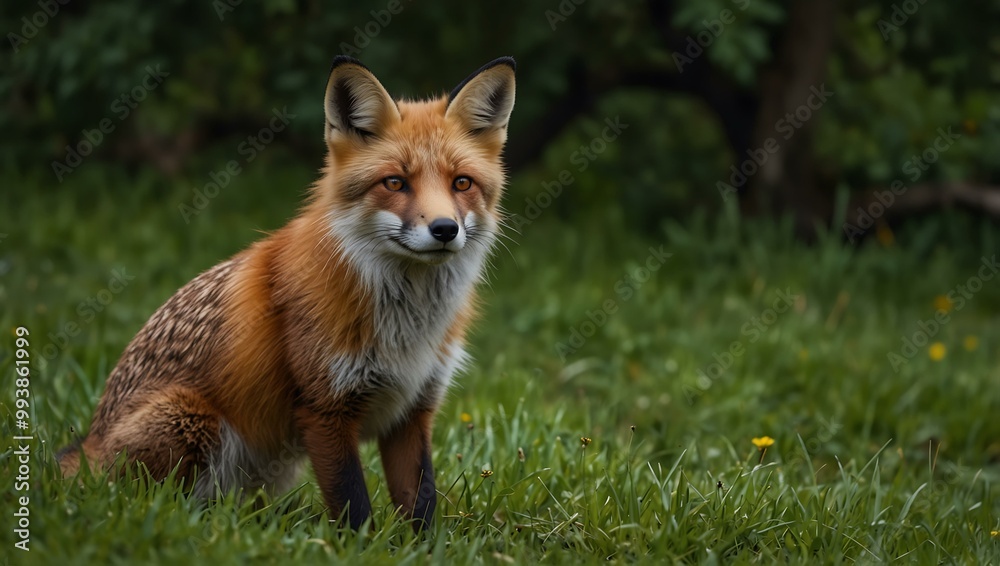 Graceful red fox in lush green grass.