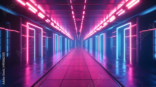 Neon Lights Corridor 3D Illustration