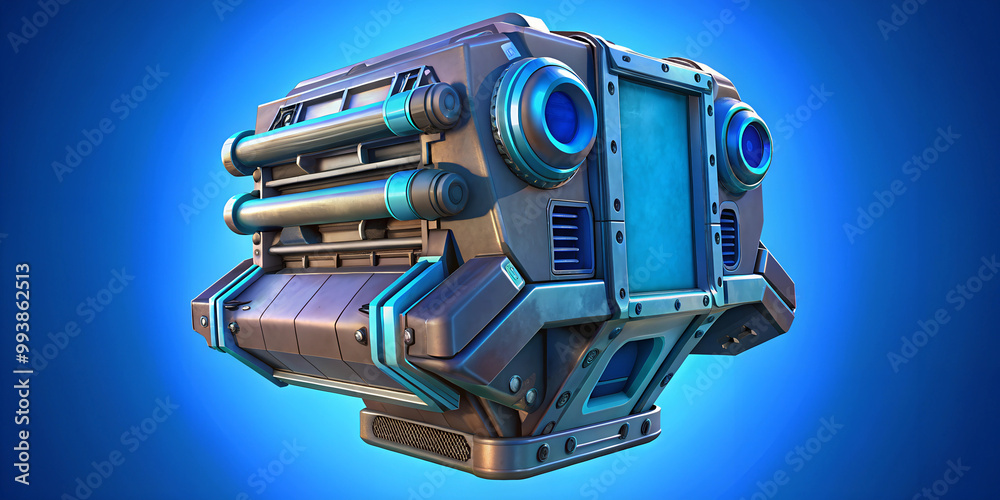 Fototapeta premium 3D Video games device banner template. A sleek, futuristic gaming device possibly a combination of a console, VR headset, and controller. Blue background. Innovation and technology concept.