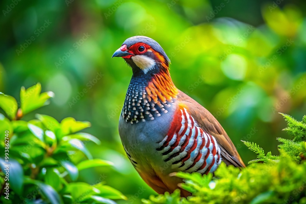 Fototapeta premium Beautiful Partridge Bird Perched Amidst Lush Greenery in Natural Habitat Captured in Stunning Detail