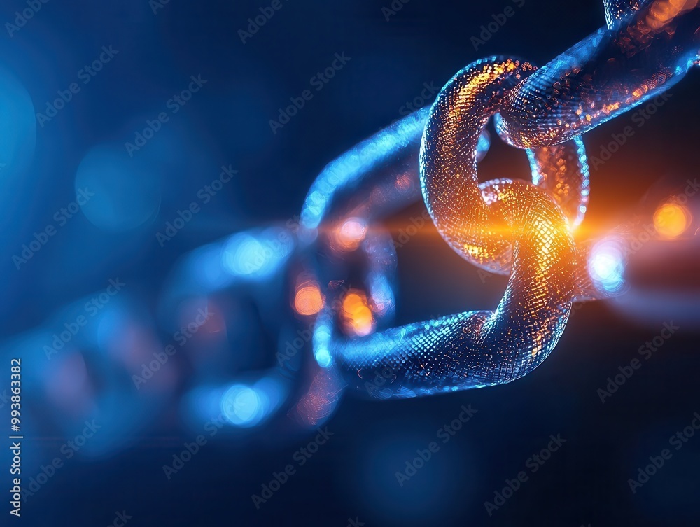 Close-up view of a metallic chain link illuminated with a soft glow, showcasing intricate details and vibrant colors.