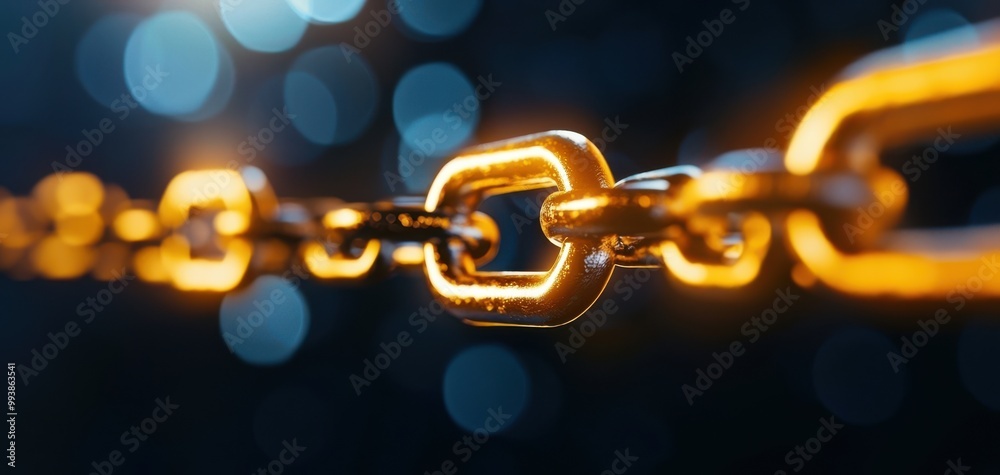 Close-up view of a shiny golden chain link, showcasing its texture and form against a striking blurred background of light. Close-up view of a shiny golden chain link, showcasing its texture and form against a striking blurred background of light.