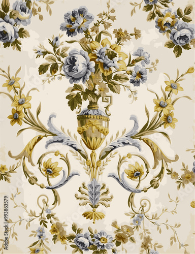 A vintage floral pattern featuring a blue and yellow bouquet in a vase, perfect for antique or elegant design themes.