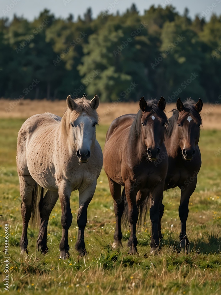 Group of Konik horses in a field. Group of Konik horses in a field.