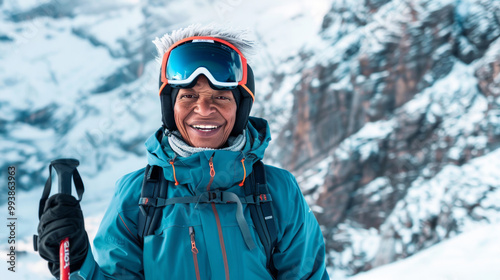 Elderly African American Woman in Winter Sports Gear Smiling in Snow-Covered Mountains. Concept of Adventure, Fitness, and Outdoor Enthusiasm