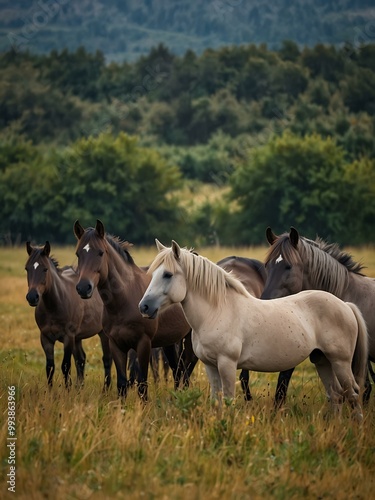 Group of Konik horses in a field.