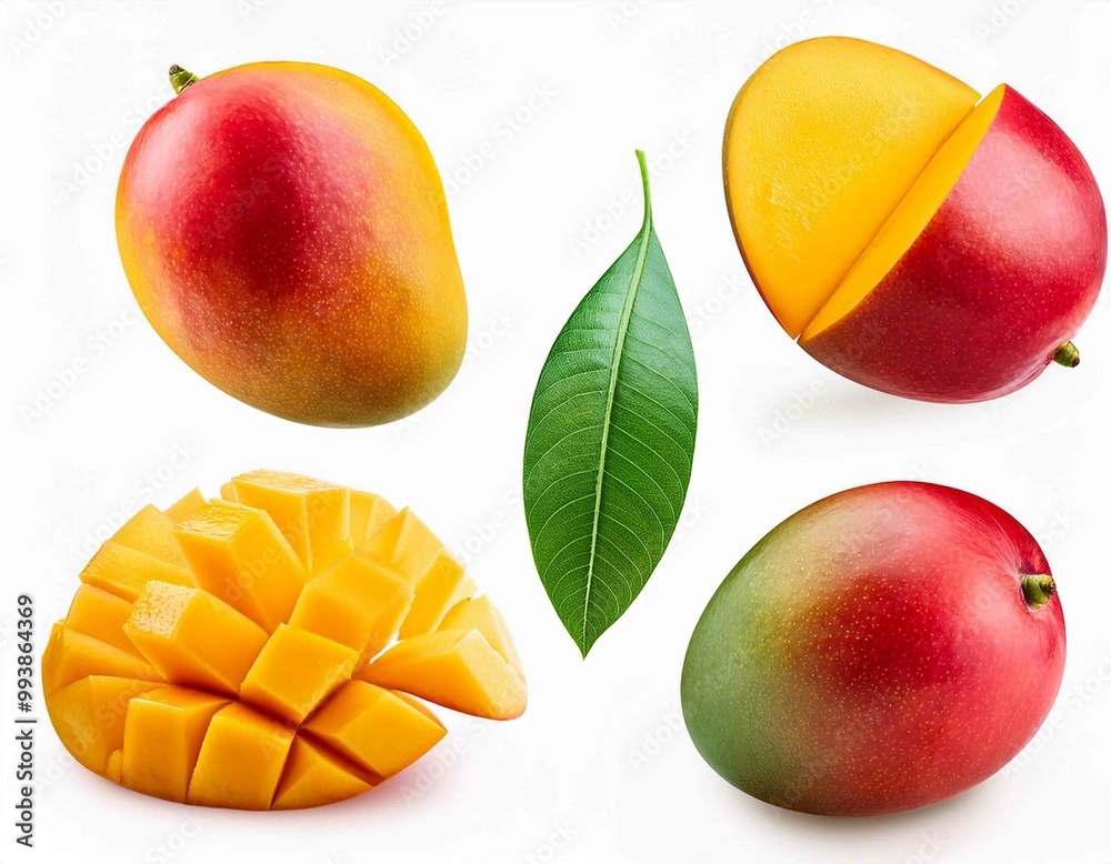 set with fresh ripe mango with leaves falling in the air isolated on white background set with fresh ripe mango with leaves falling in the air isolated on white background