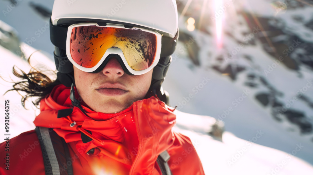 Close-Up of a Female Skier in Jacket and Ski Goggles Against a Snowy Mountain Backdrop. Concept of Winter Adventure, Outdoor Sports, and Alpine Skiing. Copy space Close-Up of a Female Skier in Jacket and Ski Goggles Against a Snowy Mountain Backdrop. Concept of Winter Adventure, Outdoor Sports, and Alpine Skiing. Copy space