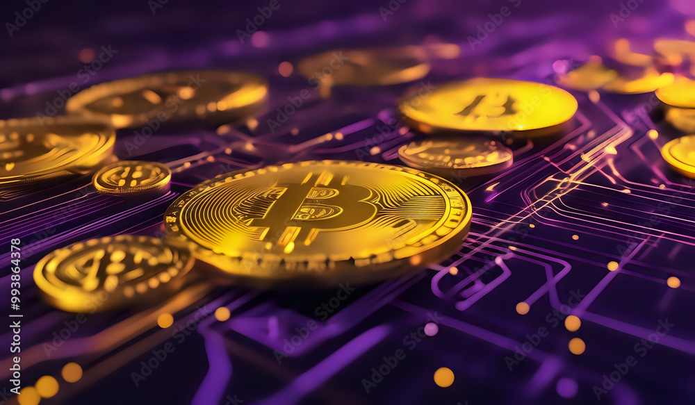 Digital transactions flowing representing bitcoin in yellow and purple tones Digital transactions flowing representing bitcoin in yellow and purple tones