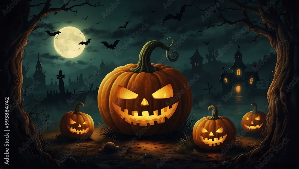 Halloween illustration of skeleton emerging from a pumpkin. Halloween illustration of skeleton emerging from a pumpkin.