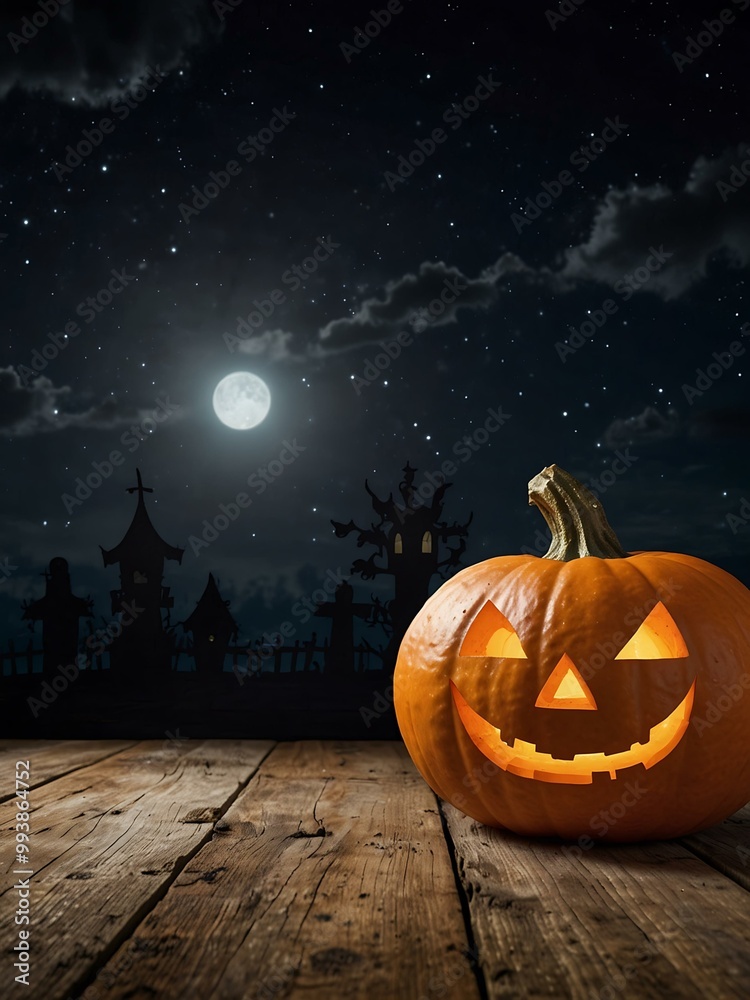 Halloween pumpkin lanterns on a wooden table against a night sky, perfect for party banners. Halloween pumpkin lanterns on a wooden table against a night sky, perfect for party banners.