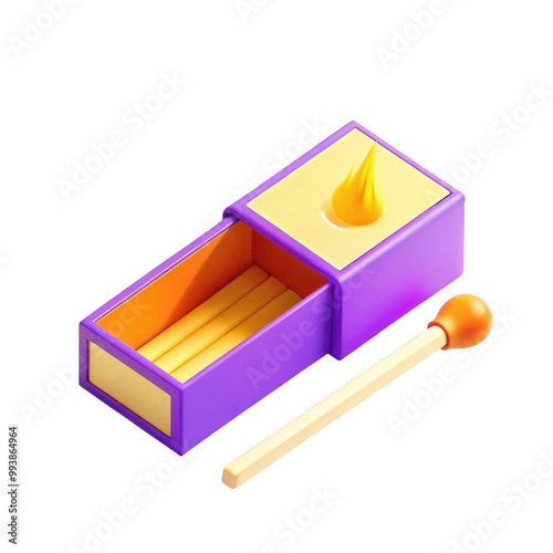 A vibrant purple matchbox containing yellow matches and a stick with an orange head. This 3D render showcases an eye-catching design. photo