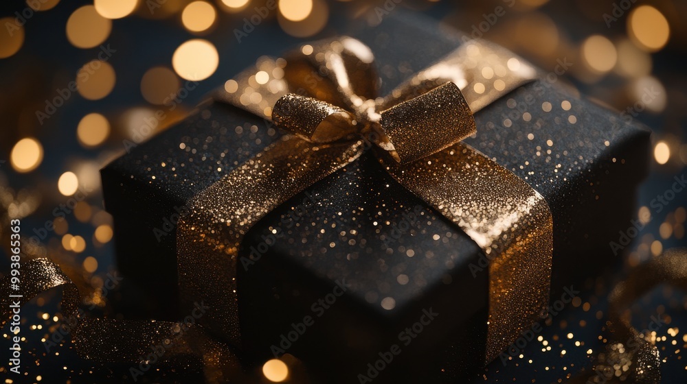 Elegant black gift box with golden ribbon and bokeh lights, dark luxury background, close-up Elegant black gift box with golden ribbon and bokeh lights, dark luxury background, close-up