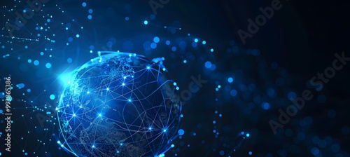 Abstract blue background with glowing network connections and a digital globe, symbolizing global connectivity and technology, an AI or internet concept banner.