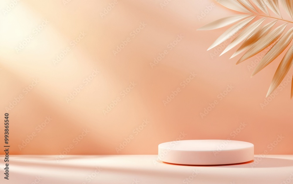3D Elegant display platform with soft lighting and subtle palm leaf accents, perfect for showcasing products in a serene setting. 3D Elegant display platform with soft lighting and subtle palm leaf accents, perfect for showcasing products in a serene setting.