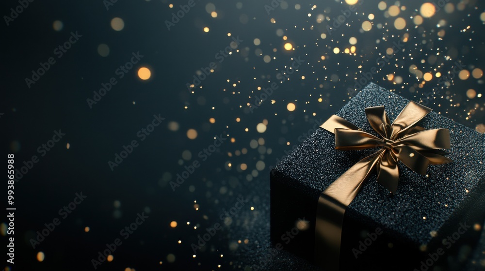 Elegant black gift box with golden ribbon and bokeh lights, dark luxury background, close-up Elegant black gift box with golden ribbon and bokeh lights, dark luxury background, close-up