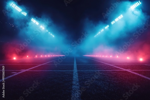 American football stadium with blue and pink lights