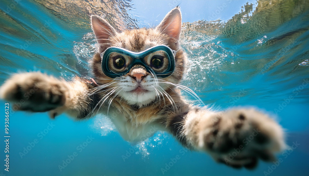A funny smiled little kitten dives with a splash of water underwater in swimming goggles taking a selfie underwater. A funny smiled little kitten dives with a splash of water underwater in swimming goggles taking a selfie underwater.