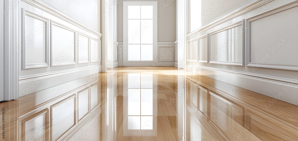 Obraz premium Brightly lit hallway with glossy wooden flooring, warm natural light streaming in, creating soft reflections on the surface