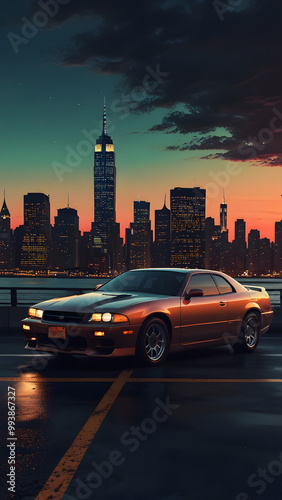 New York City Car Anime Landscape: A Vibrant, Dreamlike Fusion of Urban Skyscrapers and Neon Lights in a Futuristic Anime Style