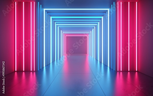 Futuristic passageway with neon pink and blue lighting, geometric design and glowing lines, high-tech and immersive space