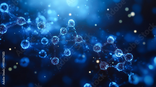 Abstract molecule model. Molecules, Atoms, chemical bonds, biomolecules molecular nano structure. Innovation in science, medicine. Chemistry science research, biology, pharmaceuticals biotechnology