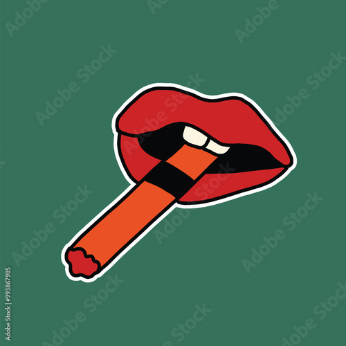 hand drawn cute lips biting a cigarette illustration