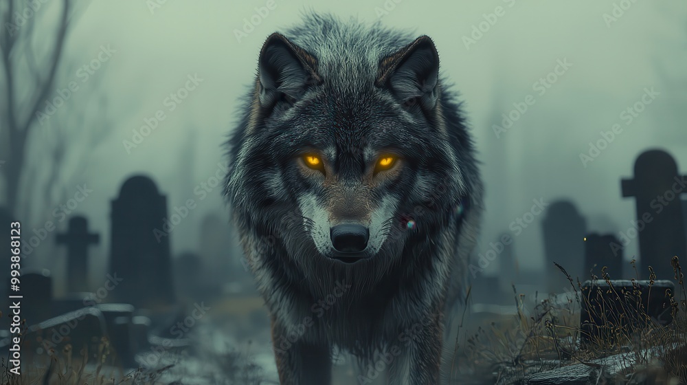 Mysterious Wolf in Foggy Graveyard Landscape Mysterious Wolf in Foggy Graveyard Landscape