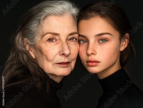 A duo portrait of two women, one older and one younger, their facial features highlighting the elegance of different ages