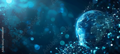 Abstract blue background with glowing network connections and a digital globe, symbolizing global connectivity and technology, an AI or internet concept banner.