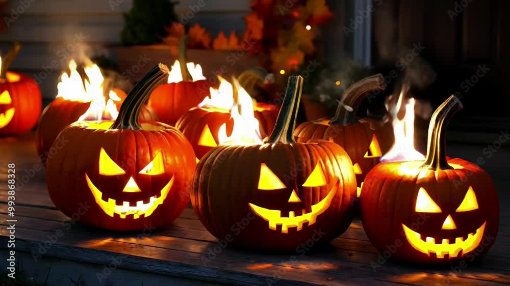 Dark Halloween scene featuring a burning jack o'lantern pumpkins set against a creepy black background. Dark Halloween scene featuring a burning jack o'lantern pumpkins set against a creepy black background.