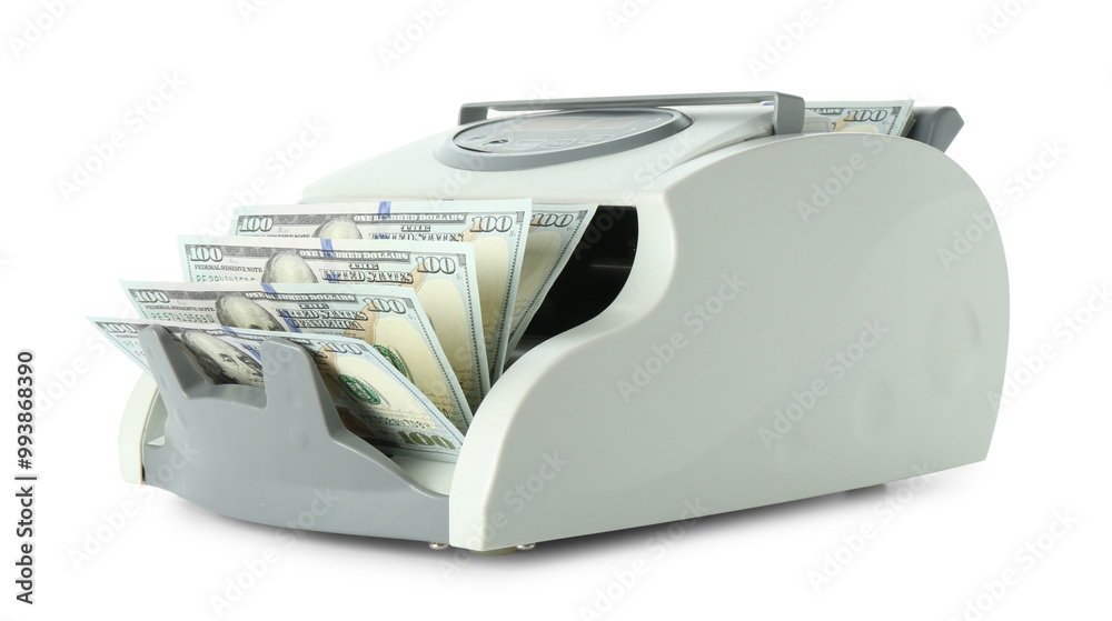 Money counter machine with dollar banknotes isolated on white Money counter machine with dollar banknotes isolated on white