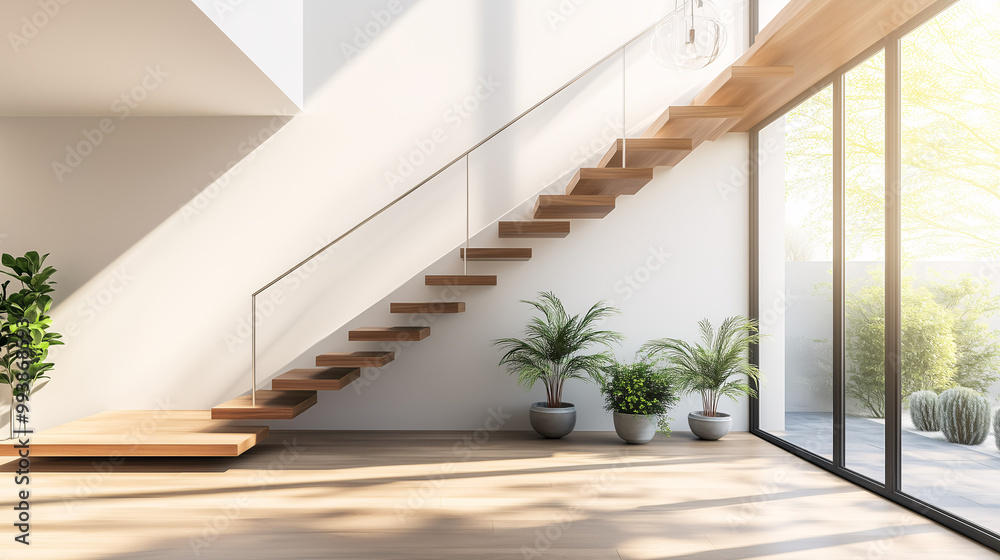 Elegant staircase with floating wooden steps and thin metal railings in a bright, airy minimalist home Elegant staircase with floating wooden steps and thin metal railings in a bright, airy minimalist home