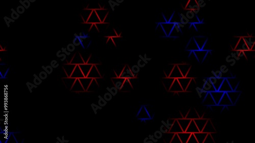 motion graphics triangular texture video clip with moving up bright red blue colors animation on plain black background