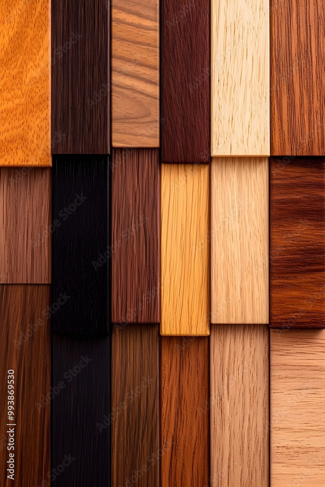 Selection of wooden material samples in different tones, from light oak to dark walnut, elegant and natural textures for home decor