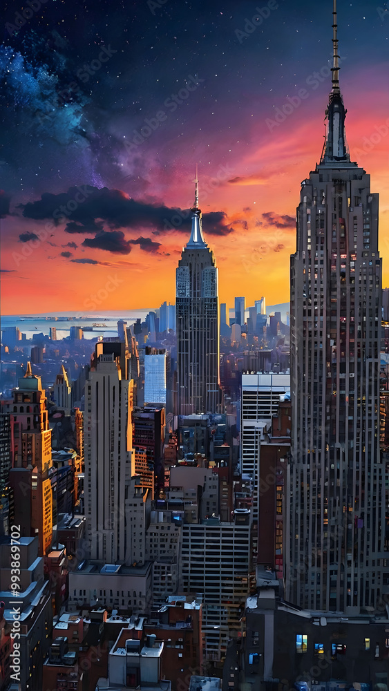 Naklejka premium New York City Anime Landscape: A Vibrant, Dreamlike Fusion of Urban Skyscrapers and Neon Lights in a Futuristic Anime Style